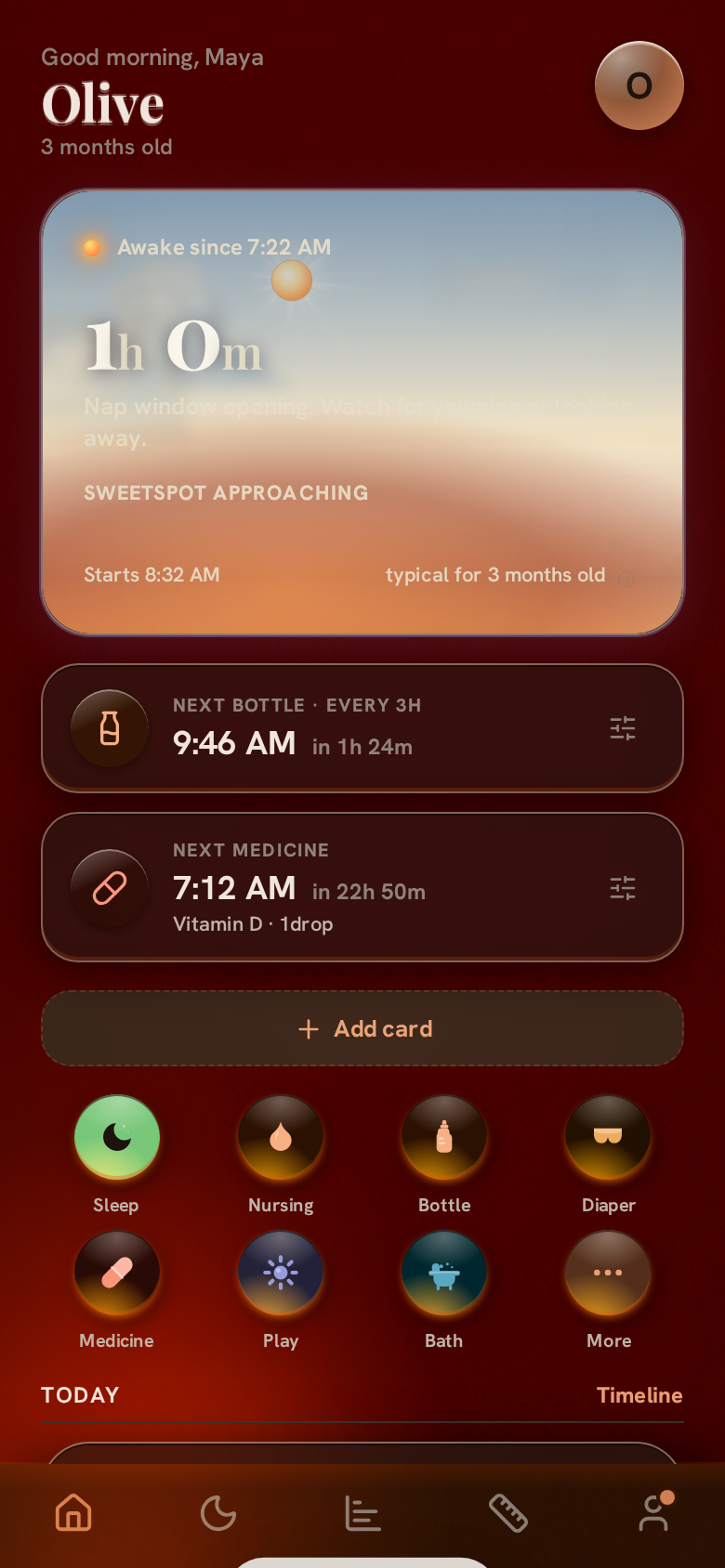 Hearth's hero card at night, showing an awake timer and nap window prediction