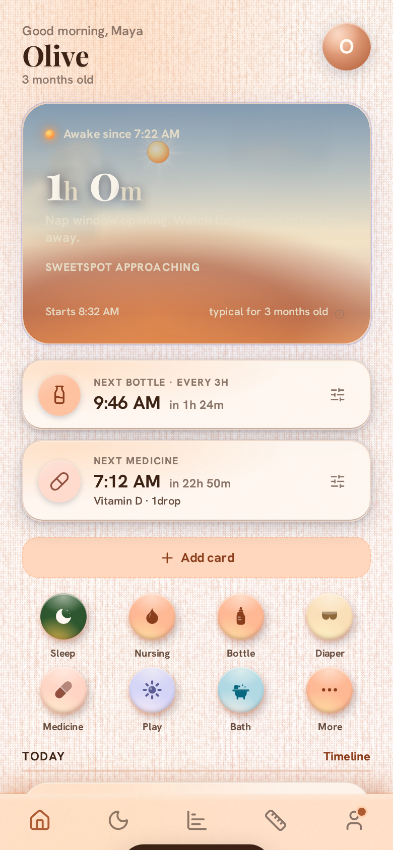 Hearth's hero card in daylight, showing an awake timer and nap window prediction